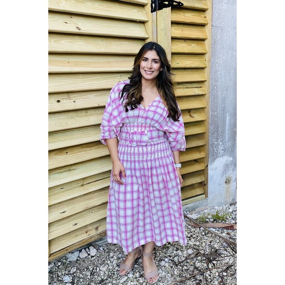 NICHOLAS Pink White Gingham Woven V-Neck Smoked Panel Dress Size US 18 - Picture 13 of 16
